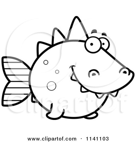 Cartoon Clipart Of A Black And White Dino Fish - Vector Outlined Coloring Page by Cory Thoman
