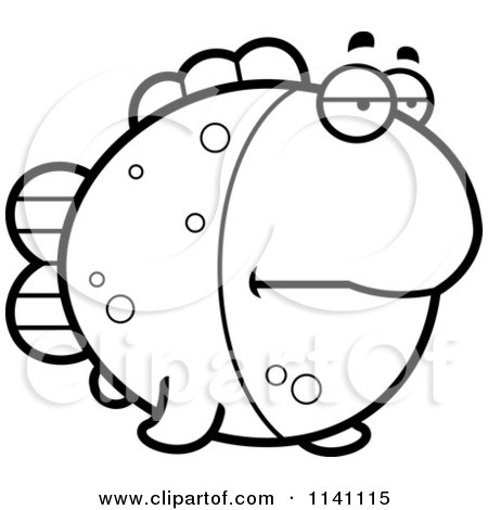 Cartoon Clipart Of A Black And White Bored Fish - Vector Outlined Coloring Page by Cory Thoman