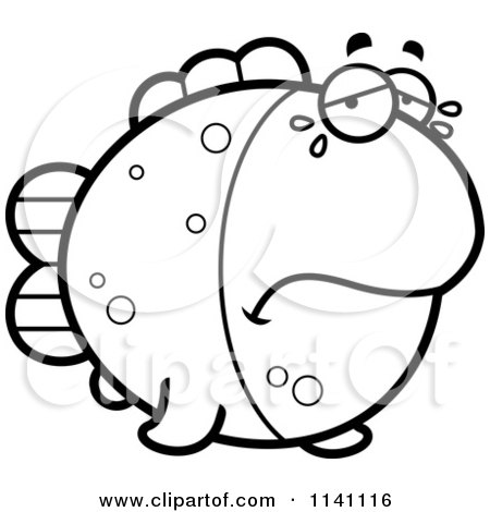 Cartoon Clipart Of A Black And White Crying Fish - Vector Outlined Coloring Page by Cory Thoman