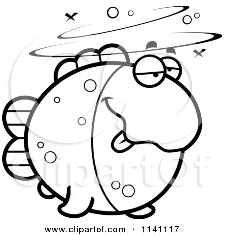 Cartoon Clipart Of A Black And White Drunk Fish - Vector Outlined Coloring Page by Cory Thoman