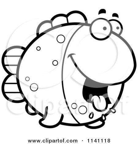 Cartoon Clipart Of A Black And White Hungry Fish - Vector Outlined Coloring Page by Cory Thoman