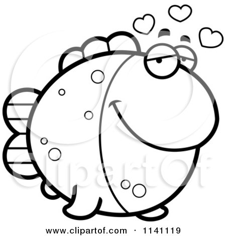 Cartoon Clipart Of A Black And White Amorous Fish - Vector Outlined Coloring Page by Cory Thoman