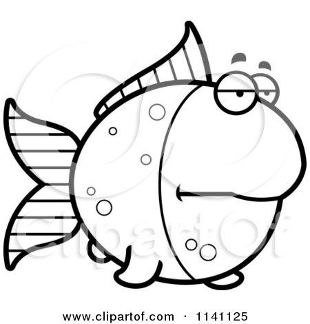Cartoon Clipart Of A Black And White Bored Goldfish - Vector Outlined Coloring Page by Cory Thoman
