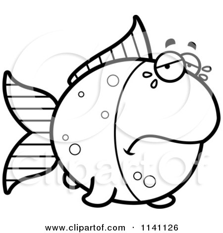 Cartoon Clipart Of A Black And White Crying Goldfish - Vector Outlined Coloring Page by Cory Thoman