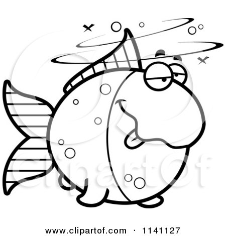 Cartoon Clipart Of A Black And White Drunk Goldfish - Vector Outlined Coloring Page by Cory Thoman