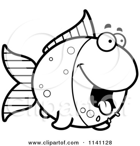 Cartoon Clipart Of A Black And White Hungry Goldfish - Vector Outlined Coloring Page by Cory Thoman