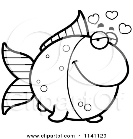 Cartoon Clipart Of A Black And White Amorous Goldfish - Vector Outlined Coloring Page by Cory Thoman