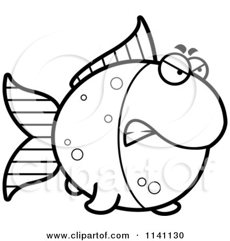Cartoon Clipart Of A Black And White Angry Goldfish - Vector Outlined Coloring Page by Cory Thoman