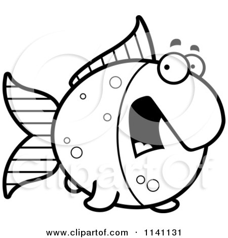 Cartoon Clipart Of A Black And White Scared Goldfish - Vector Outlined Coloring Page by Cory Thoman