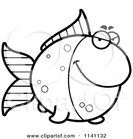 Cartoon Clipart Of A Black And White Sly Goldfish - Vector Outlined Coloring Page by Cory Thoman