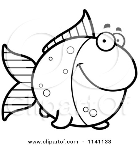 Cartoon Clipart Of A Black And White Happy Goldfish - Vector Outlined Coloring Page by Cory Thoman