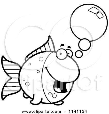 Cartoon Clipart Of A Black And White Talking Goldfish - Vector Outlined Coloring Page by Cory Thoman