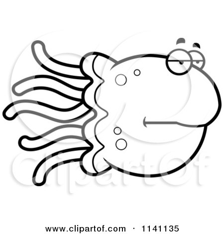 Cartoon Clipart Of A Black And White Bored Jellyfish - Vector Outlined Coloring Page by Cory Thoman