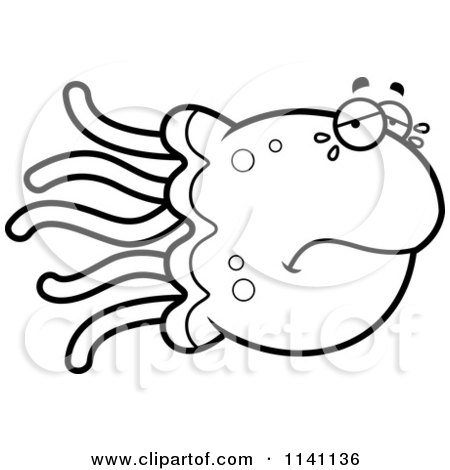Cartoon Clipart Of A Black And White Crying Jellyfish - Vector Outlined Coloring Page by Cory Thoman
