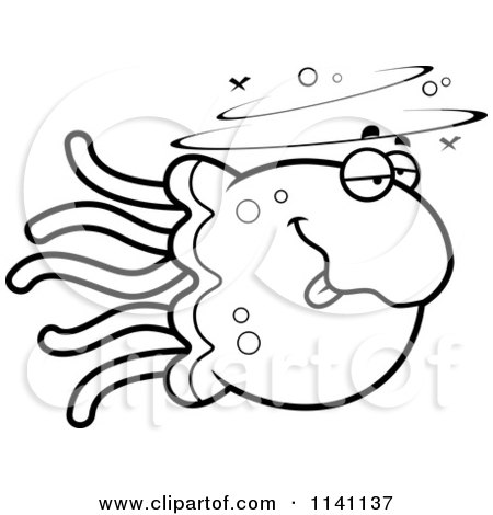 Cartoon Clipart Of A Black And White Drunk Jellyfish - Vector Outlined Coloring Page by Cory Thoman