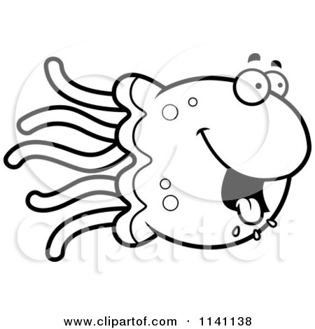 Cartoon Clipart Of A Black And White Hungry Jellyfish - Vector Outlined Coloring Page by Cory Thoman