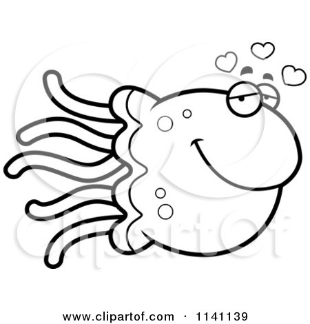 Cartoon Clipart Of A Black And White Amorous Jellyfish - Vector Outlined Coloring Page by Cory Thoman