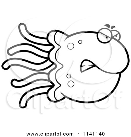 Cartoon Clipart Of A Black And White Angry Jellyfish - Vector Outlined Coloring Page by Cory Thoman