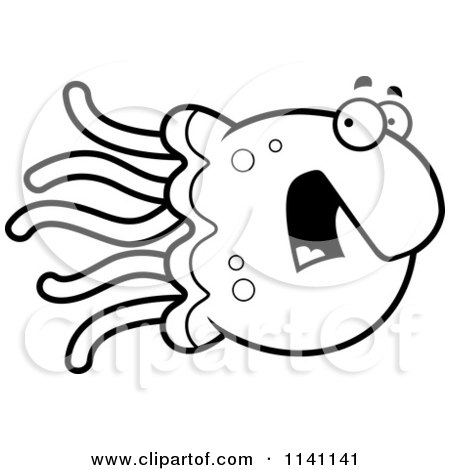 Cartoon Clipart Of A Black And White Scared Jellyfish - Vector Outlined Coloring Page by Cory Thoman