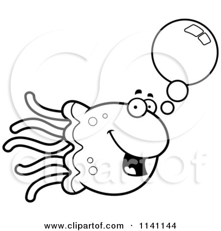 Cartoon Clipart Of A Black And White Talking Jellyfish - Vector Outlined Coloring Page by Cory Thoman