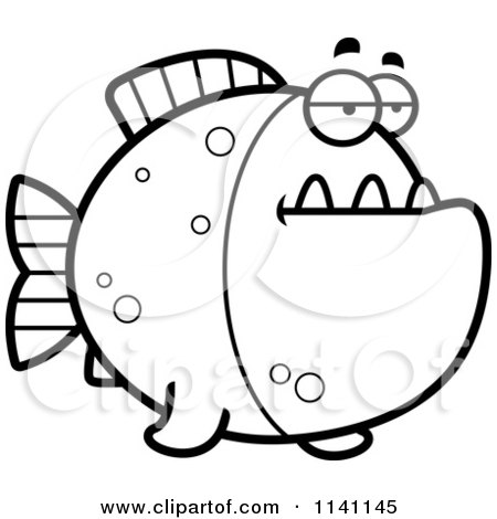 Cartoon Clipart Of A Black And White Bored Piranha Fish - Vector Outlined Coloring Page by Cory Thoman
