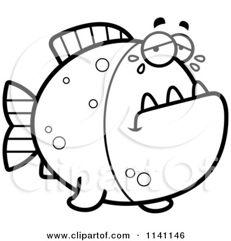 Cartoon Clipart Of A Black And White Crying Piranha Fish - Vector Outlined Coloring Page by Cory Thoman