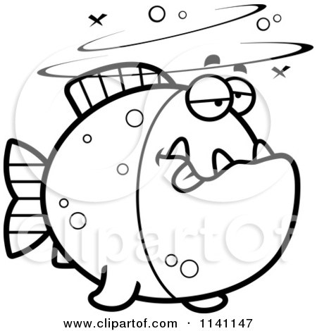 Cartoon Clipart Of A Black And White Drunk Piranha Fish - Vector Outlined Coloring Page by Cory Thoman