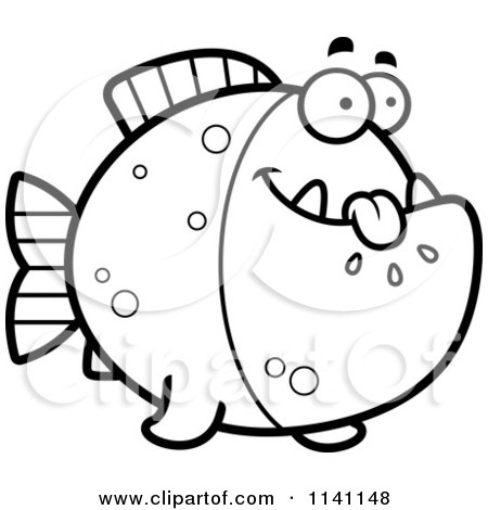 Cartoon Clipart Of A Black And White Hungry Piranha Fish - Vector Outlined Coloring Page by Cory Thoman
