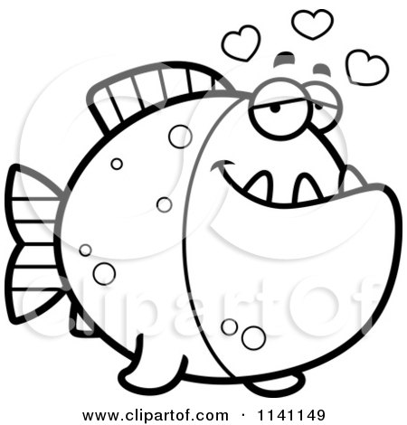 Cartoon Clipart Of A Black And White Piranha Fish In Love - Vector Outlined Coloring Page by Cory Thoman