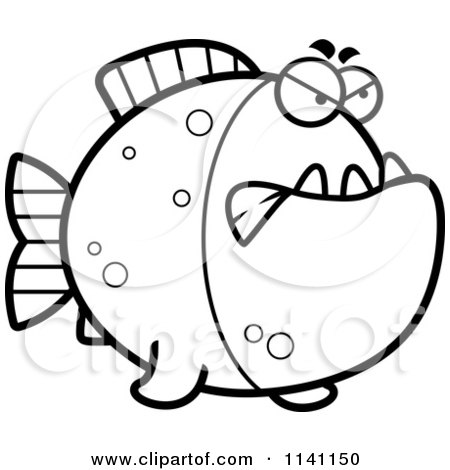 Cartoon Clipart Of A Black And White Mad Piranha Fish - Vector Outlined Coloring Page by Cory Thoman