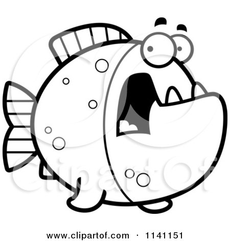 Cartoon Clipart Of A Black And White Scared Piranha Fish - Vector Outlined Coloring Page by Cory Thoman