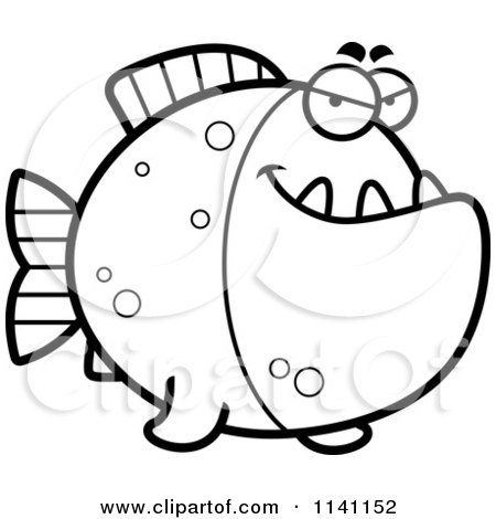 Cartoon Clipart Of A Black And White Sly Piranha Fish - Vector Outlined Coloring Page by Cory Thoman