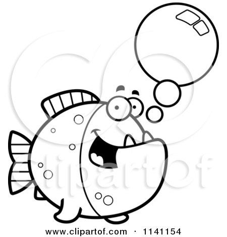 Cartoon Clipart Of A Black And White Talking Piranha Fish - Vector Outlined Coloring Page by Cory Thoman