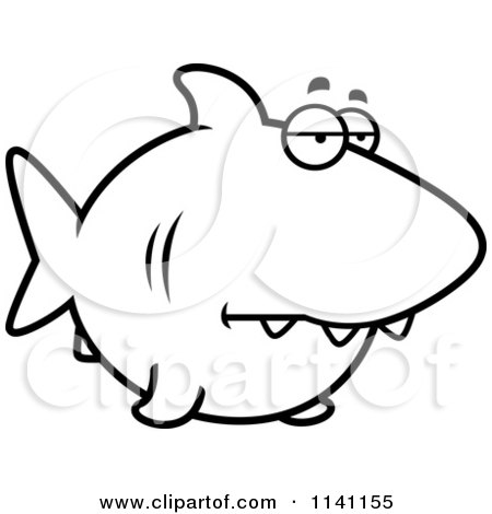 Cartoon Clipart Of A Black And White Sad Shark - Vector Outlined Coloring Page by Cory Thoman
