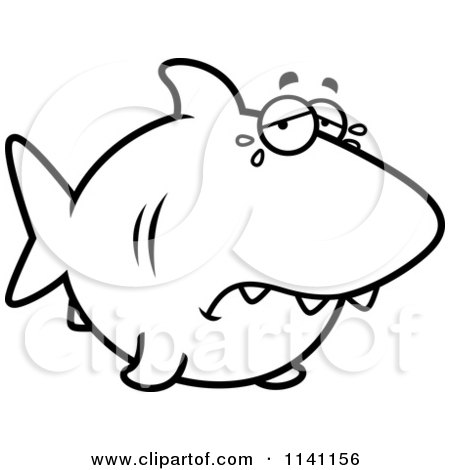 Cartoon Clipart Of A Black And White Crying Shark - Vector Outlined Coloring Page by Cory Thoman