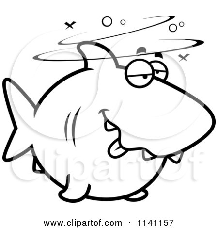 Cartoon Clipart Of A Black And White Drunk Shark - Vector Outlined Coloring Page by Cory Thoman