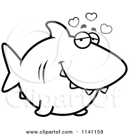 Cartoon Clipart Of A Black And White Shark In Love - Vector Outlined Coloring Page by Cory Thoman