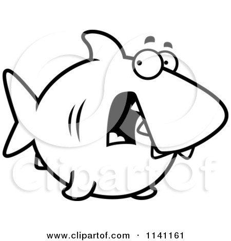 Cartoon Clipart Of A Black And White Scared Shark - Vector Outlined Coloring Page by Cory Thoman
