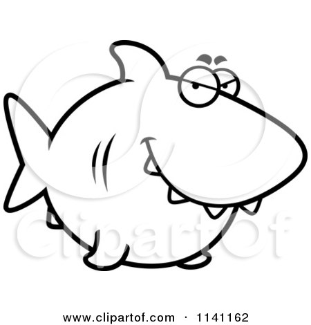 Cartoon Clipart Of A Black And White Sly Shark - Vector Outlined Coloring Page by Cory Thoman