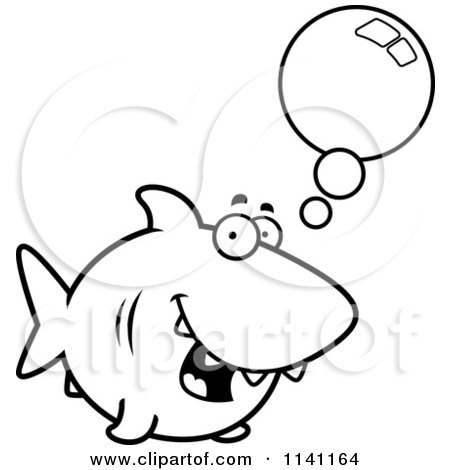 Cartoon Clipart Of A Black And White Talking Shark - Vector Outlined Coloring Page by Cory Thoman