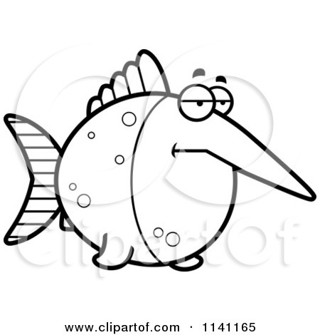 Cartoon Clipart Of A Black And White Depressed Swordfish - Vector Outlined Coloring Page by Cory Thoman