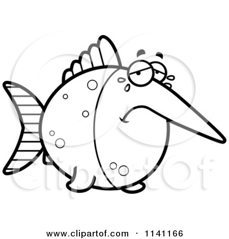 Cartoon Clipart Of A Black And White Crying Swordfish - Vector Outlined Coloring Page by Cory Thoman