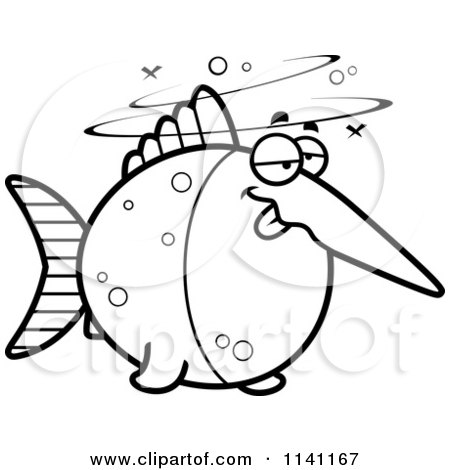 Cartoon Clipart Of A Black And White Drunk Swordfish - Vector Outlined Coloring Page by Cory Thoman