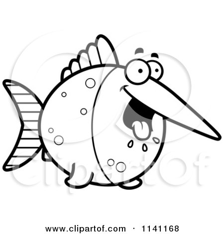 Cartoon Clipart Of A Black And White Hungry Swordfish - Vector Outlined Coloring Page by Cory Thoman