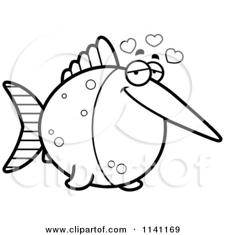 Cartoon Clipart Of A Black And White Amorous Swordfish - Vector Outlined Coloring Page by Cory Thoman