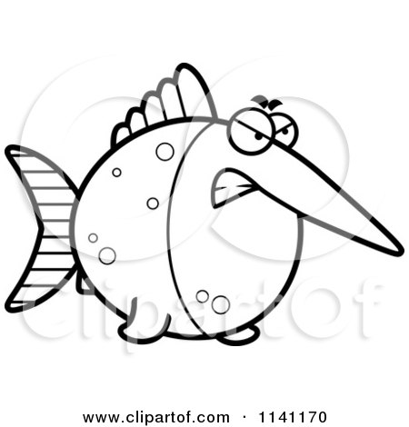 Cartoon Clipart Of A Black And White Angry Swordfish - Vector Outlined Coloring Page by Cory Thoman