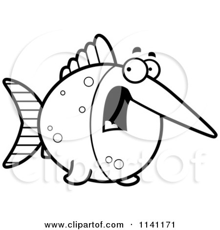 Cartoon Clipart Of A Black And White Scared Swordfish - Vector Outlined Coloring Page by Cory Thoman