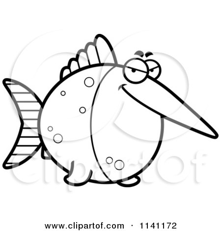 Cartoon Clipart Of A Black And White Sly Swordfish - Vector Outlined Coloring Page by Cory Thoman