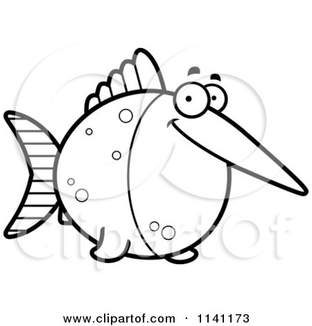 Cartoon Clipart Of A Black And White Happy Swordfish - Vector Outlined Coloring Page by Cory Thoman