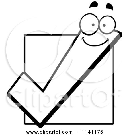 Cartoon Clipart Of A Black And White Happy Check Mark Over A Box - Vector Outlined Coloring Page by Cory Thoman